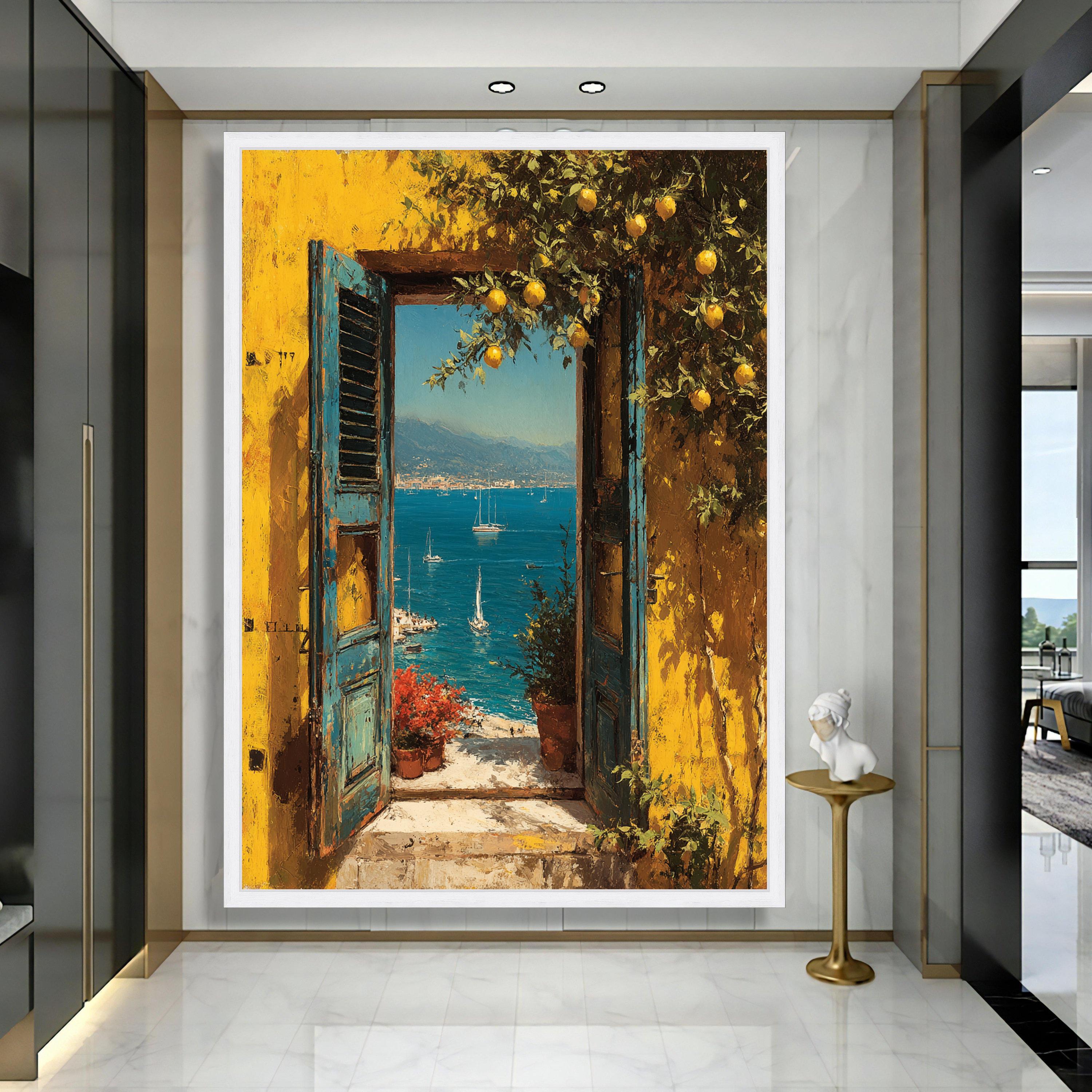 Mediterranean Seaside View Canvas, Open Blue Door Wall Art, Coastal ...