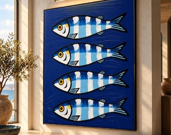 May include: A rectangular wall art piece featuring four horizontally aligned fish stacked vertically. Each fish has a blue and white striped pattern, a yellow eye, and is set against a deep blue textured background with visible brushstrokes.