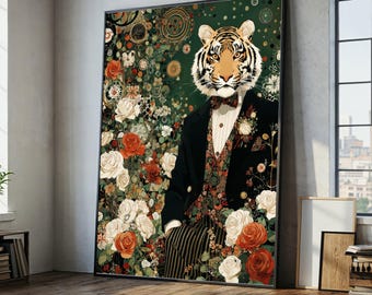 Regal Tiger Portrait Canvas, Floral Garden Background, Elegant Animal Wall Art, Sophisticated Home Decor, Modern Surrealism Canvas