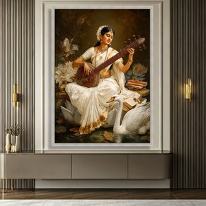 Elegant Indian Woman Playing Veena Canvas, Traditional Music Art, Cultural Wall Decor, Vintage Ethnic Home Decoration, Artistic Portrait image 6