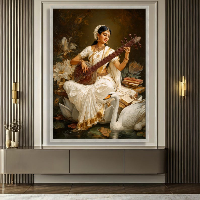 Elegant Indian Woman Playing Veena Canvas, Traditional Music Art, Cultural Wall Decor, Vintage Ethnic Home Decoration, Artistic Portrait image 6