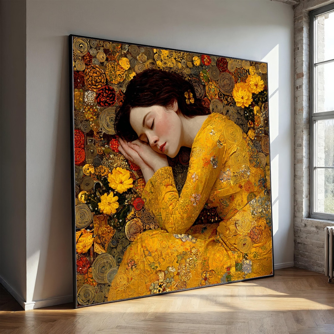 Gustav Klimt Sleeping Woman Canvas, Golden Floral Art, Decorative Wall ...
