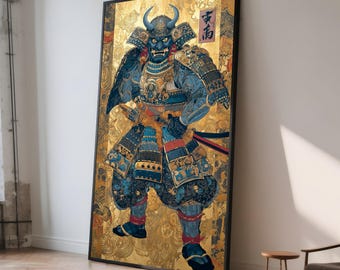Samurai Warrior Canvas Painting – Japanese Armor Wall Art with Gold Detailing, Ready to Hang, Gift for Him, Bold Statement Decor