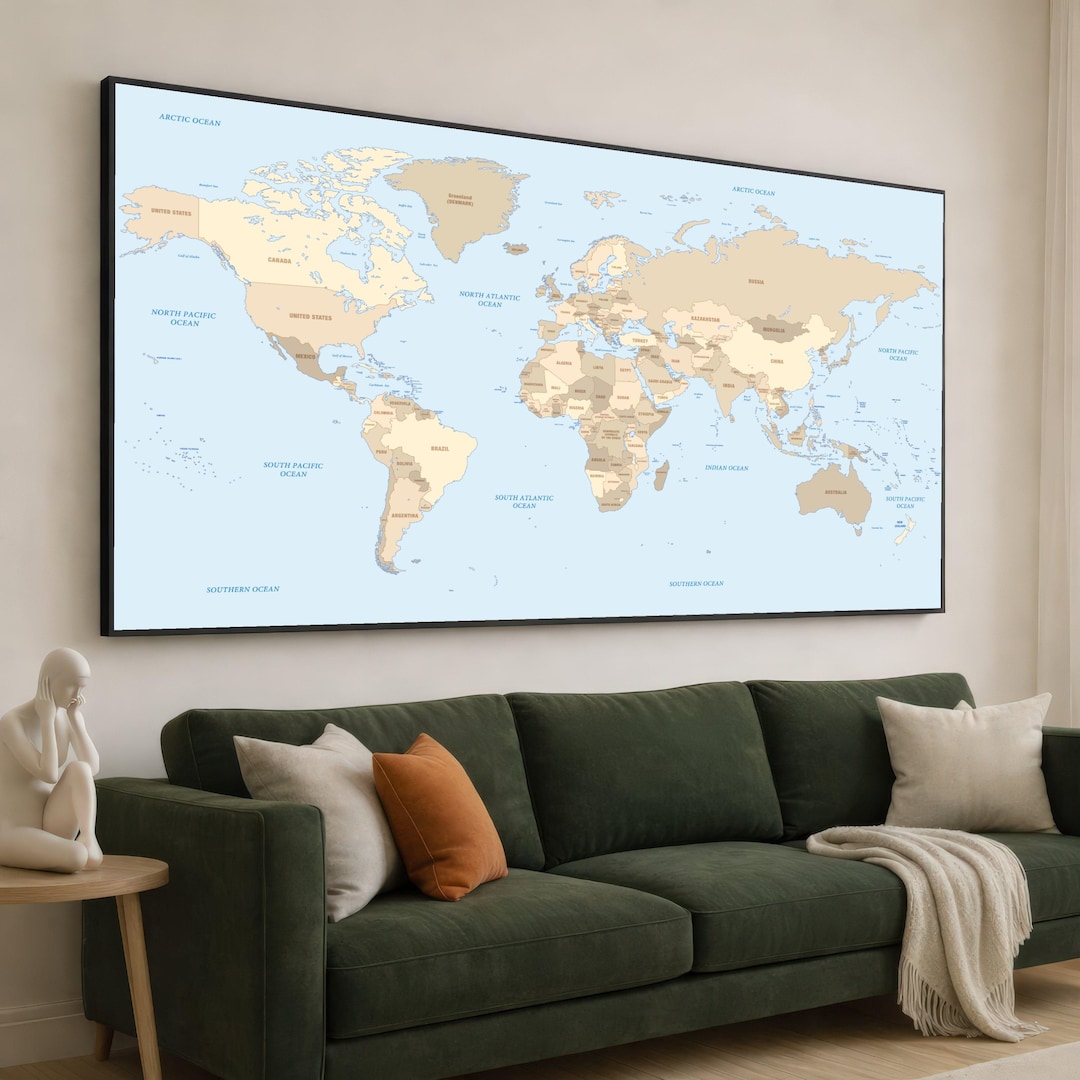Extra Large World Map Canvas Wall Art, Neutral Toned Geographic Wall ...