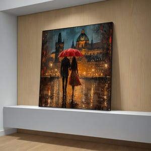 Romantic Night Stroll in Rain, Couple with Red Umbrella, City Lights Reflection, Modern Canvas Painting, Unique Gift for Wall Decor