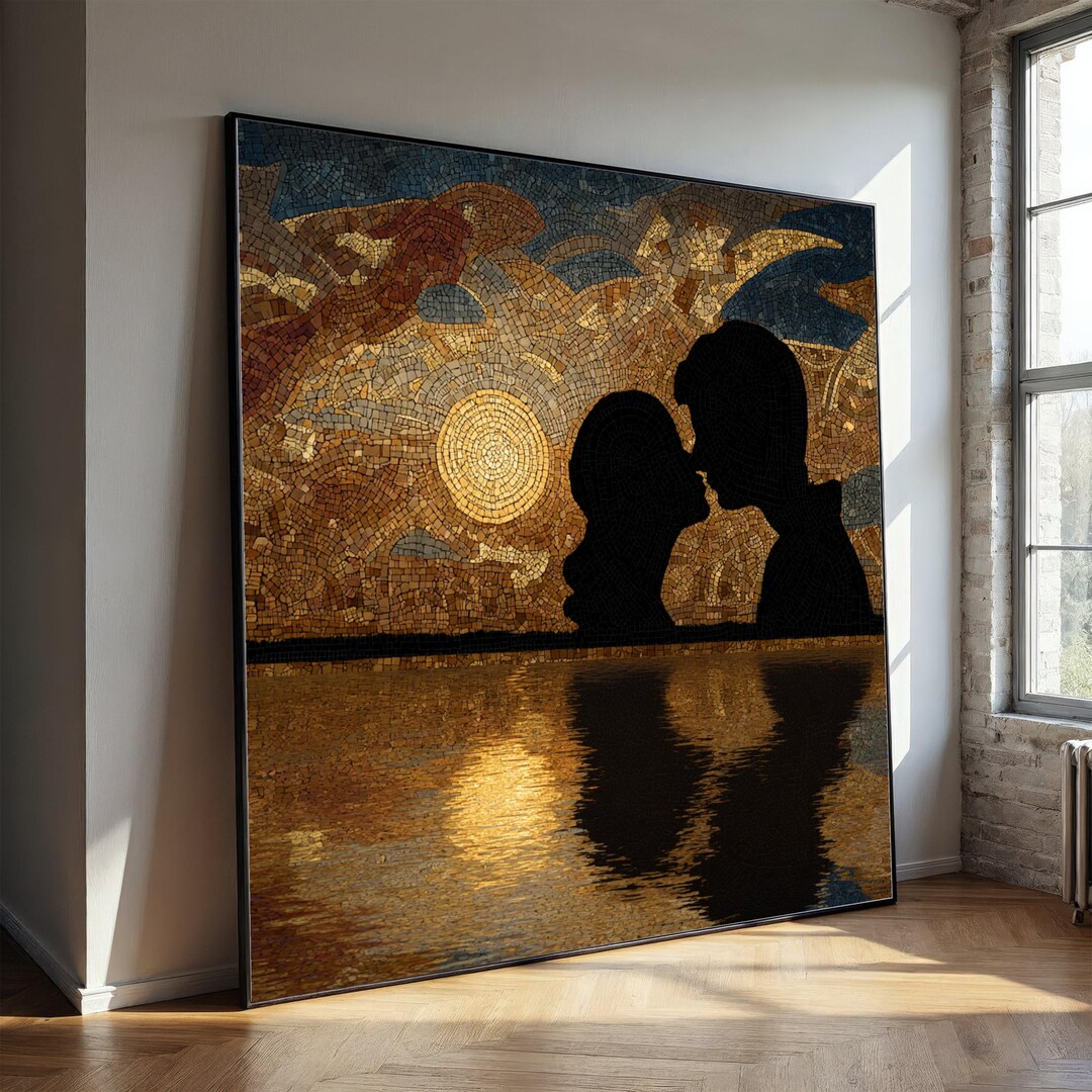 Gustav Klimt Mosaic Couple Silhouette Canvas, Romantic Sunset Wall Art ...