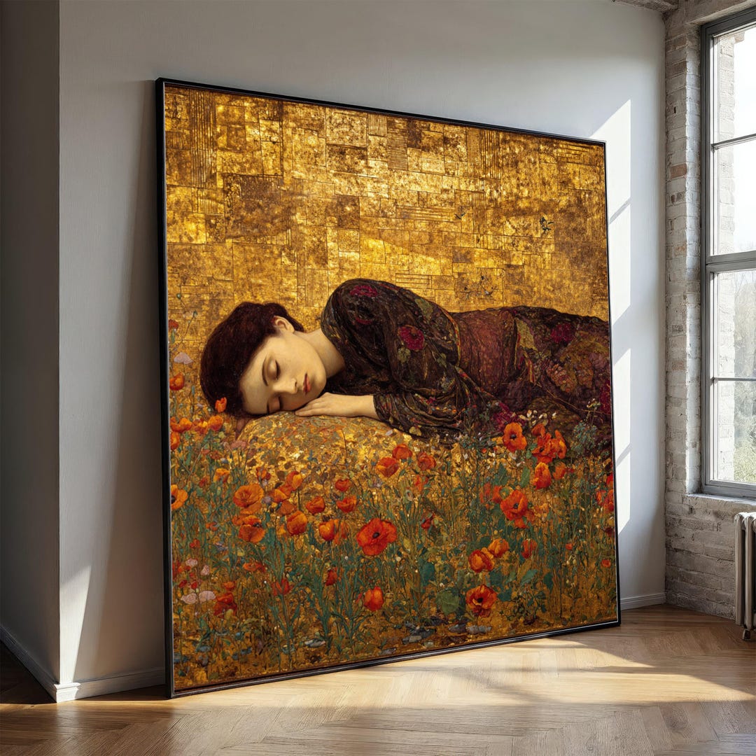 Gustav Klimt Sleeping Woman Canvas, Golden Floral Wall Art, Fine Art ...