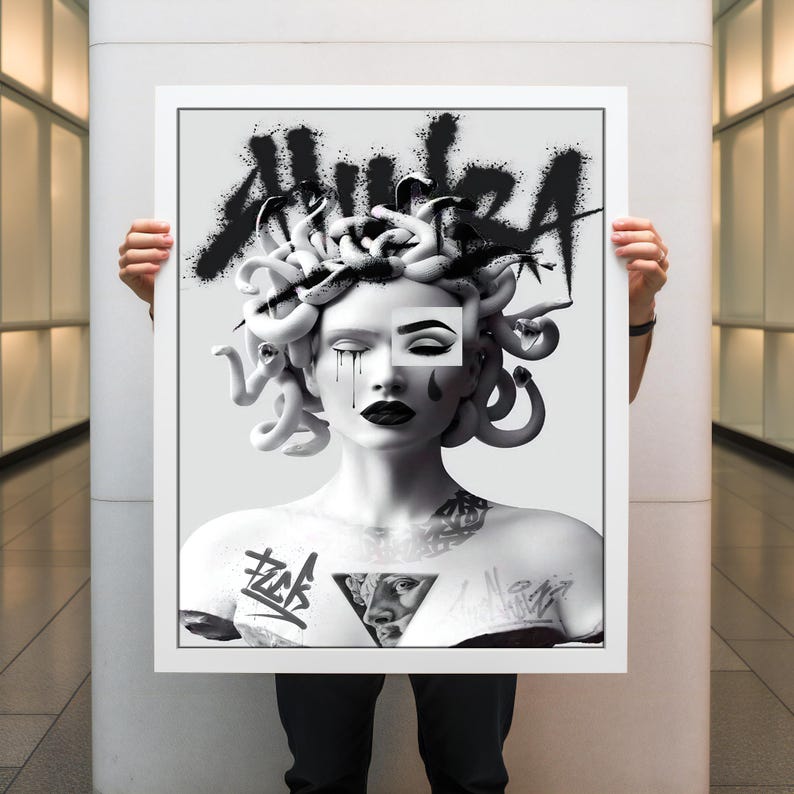May include: Black and white illustration of Medusa, a mythical Greek creature with snakes for hair, wearing a crown. The image has a grunge aesthetic with the word "HUHZA" in black spray paint.