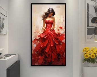 Elegant Woman in Flowing Red Dress – Stunning and Vibrant Canvas Painting for Modern Home Decor – Perfect Art Gift