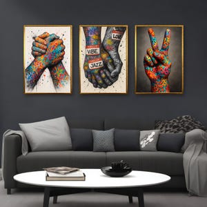 Banksy Style Graffiti Canvas Painting Set – Peace & Unity Hands Art, Ready to Hang, Gift, Colorful Urban Wall Decor Trio