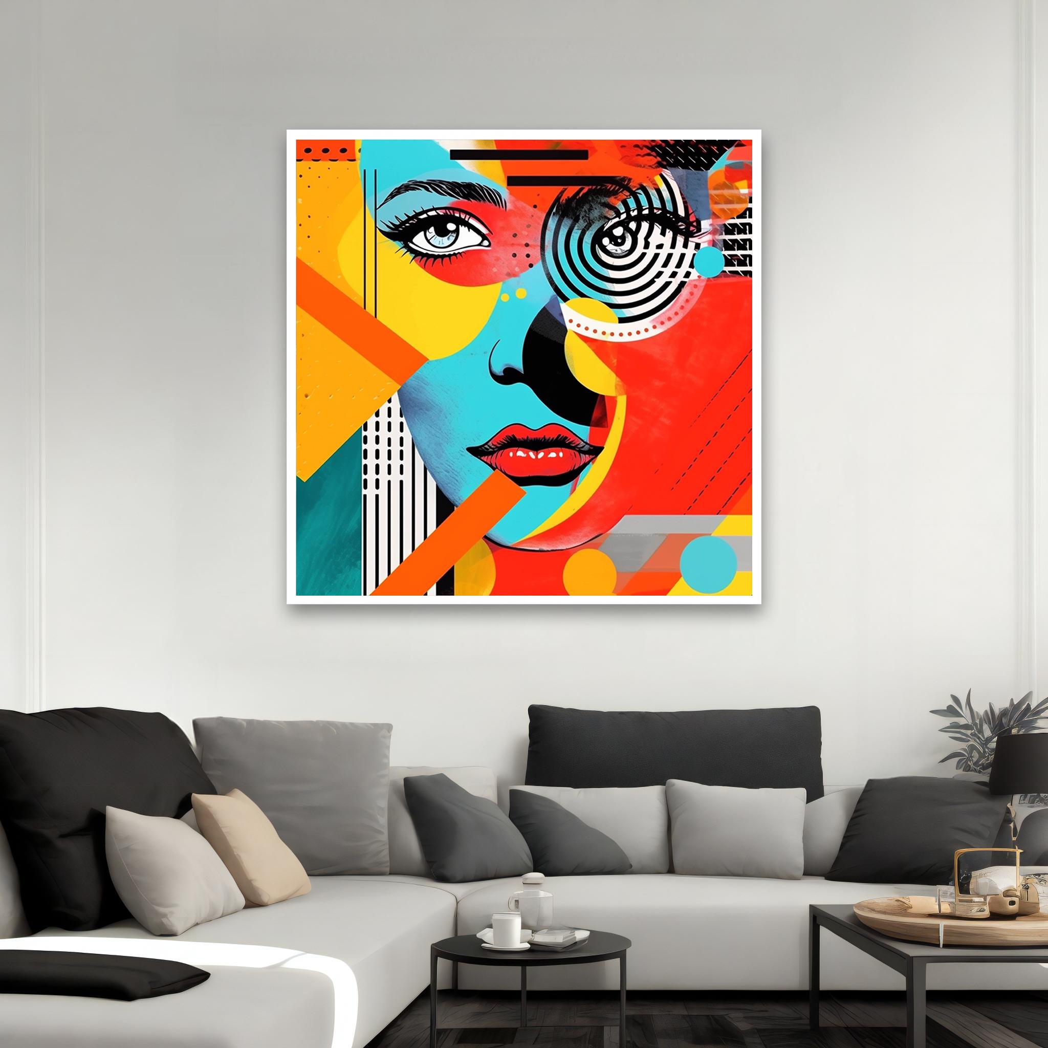 Abstract Woman Face Canvas Painting - Bold Geometric Pop Art With