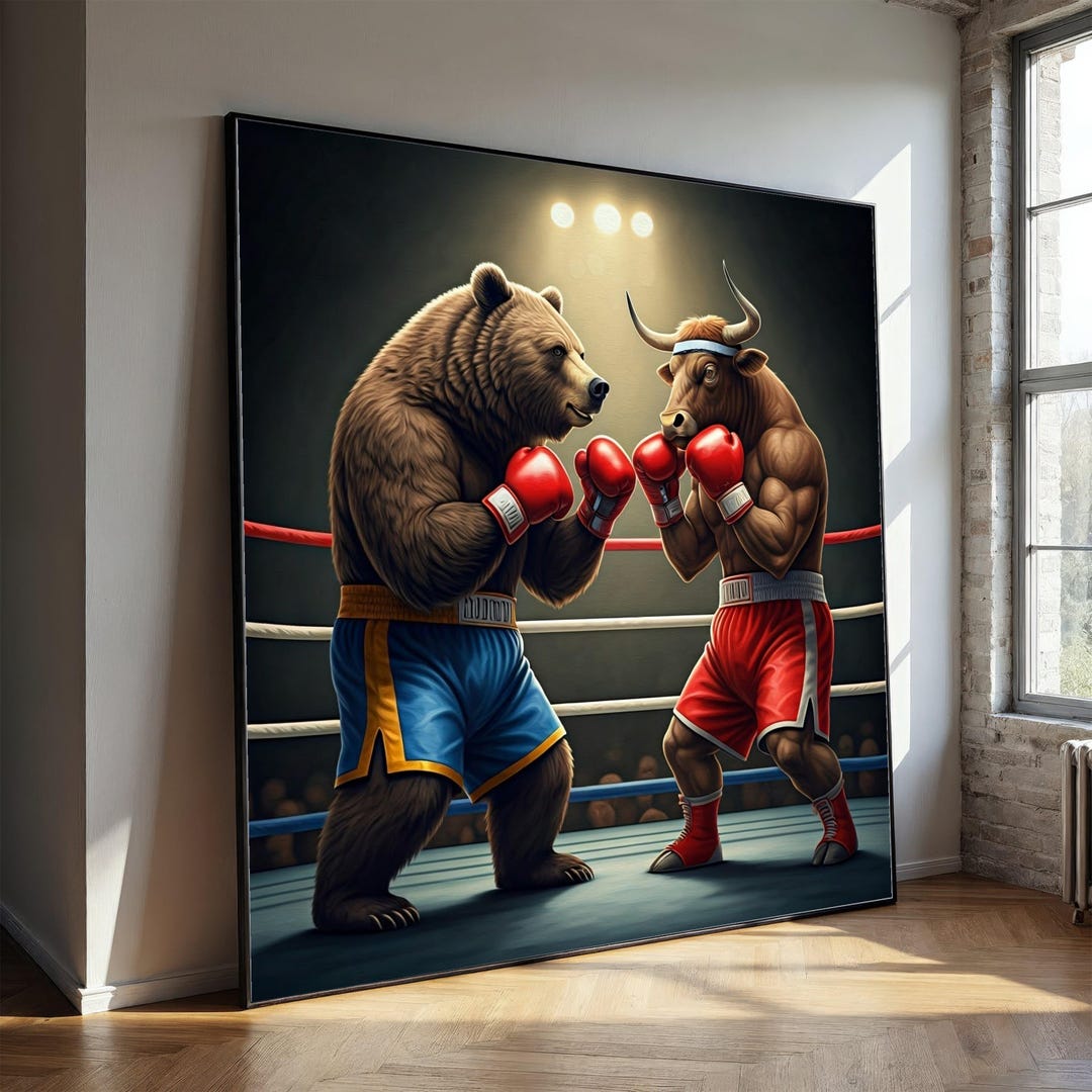 Bull Boxing Bear Vs Bull Boxing Match Canvas, Sports Animal Fight Wall Art ...