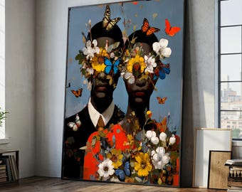 May include: A large framed art print featuring two figures with floral and butterfly elements. The figures are adorned with flowers and butterflies, with a color palette of blue, orange, yellow, and white. The artwork is displayed on a wooden floor.