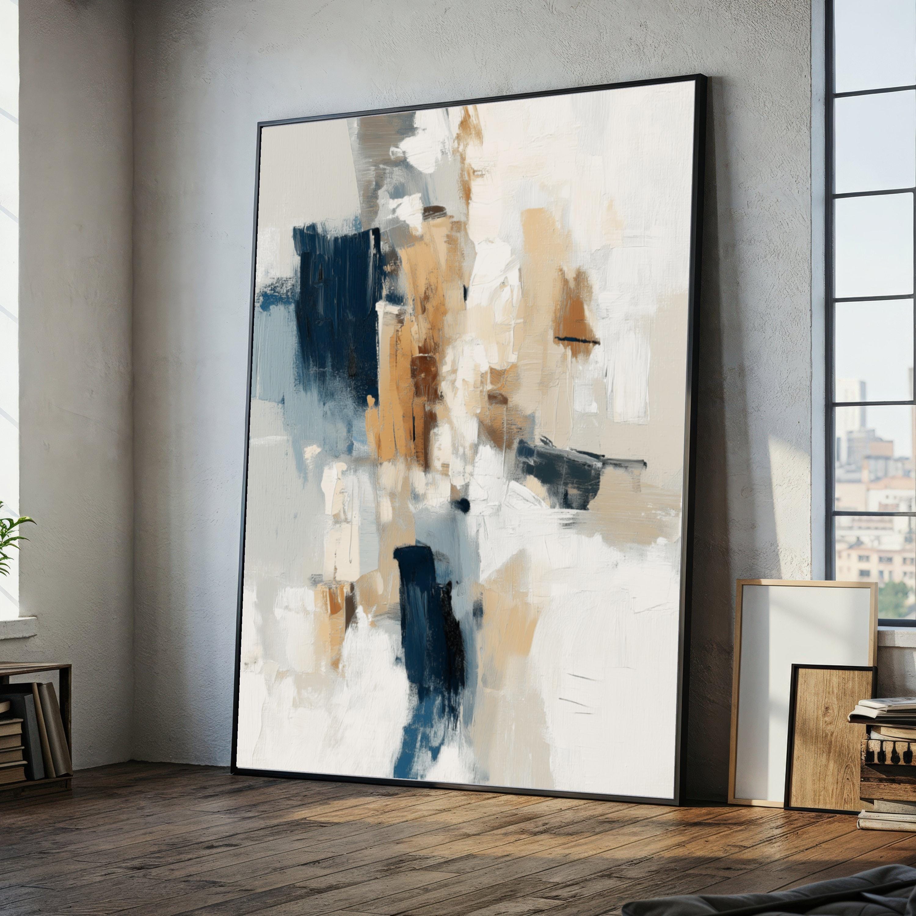 Modern Abstract Canvas Wall Art, Neutral Tones Painting, Blue and Beige ...