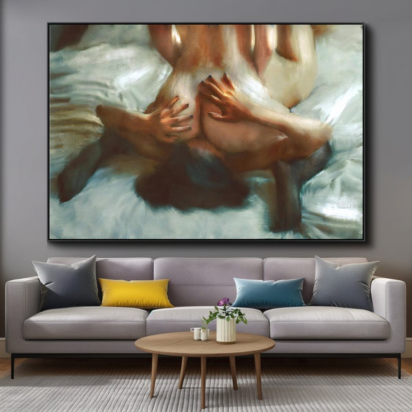 Sensual Face Sitzen Leinwand Kunst Gemälde, Intimes lesbisches Paar Wandkunst, LGBT Valentinstag Geschenk, Schlafzimmer Dekor, Liebhaber Kunst