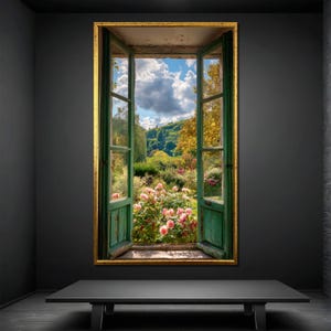 Open Window Garden View Canvas Painting – Floral Landscape Wall Art, Ready to Hang, Gift for Nature and Cottagecore Lovers