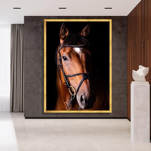 Majestic Horse Portrait Canvas, Equestrian Wall Art, Brown Horse Face Canvas, Extra Large Animal Canvas, Dramatic Black Background image 2