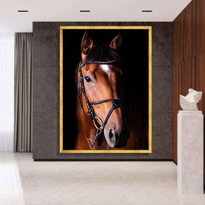 Majestic Horse Portrait Canvas, Equestrian Wall Art, Brown Horse Face Canvas, Extra Large Animal Canvas, Dramatic Black Background image 2