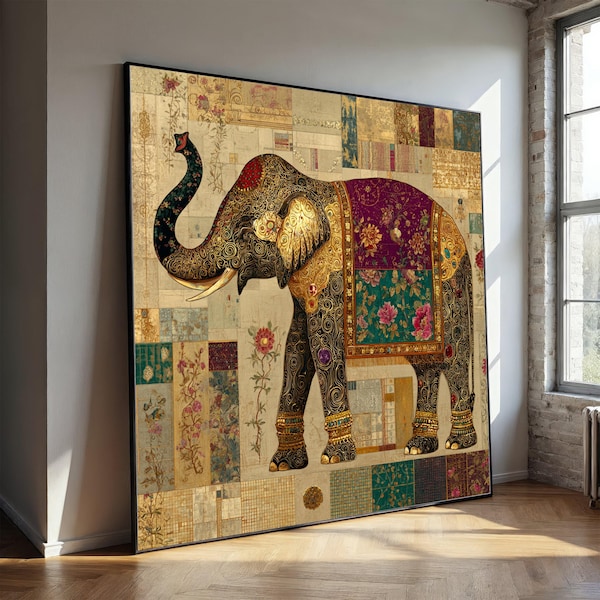 Cuadro de pared de Gustav Klimt con diseño de elefante, estampado animal con intrincados motivos florales, lienzo decorativo con detalles dorados, lujoso cuadro de pared de gran tamaño.