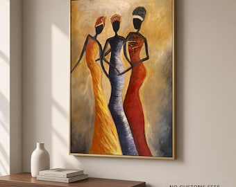 May include: A rectangular wall art piece in a gold frame featuring an oil painting of three stylized figures standing together. The figures wear long, flowing dresses in vibrant shades of orange, blue, and red against a textured golden background.