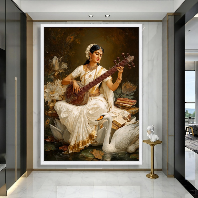 Elegant Indian Woman Playing Veena Canvas, Traditional Music Art, Cultural Wall Decor, Vintage Ethnic Home Decoration, Artistic Portrait image 4