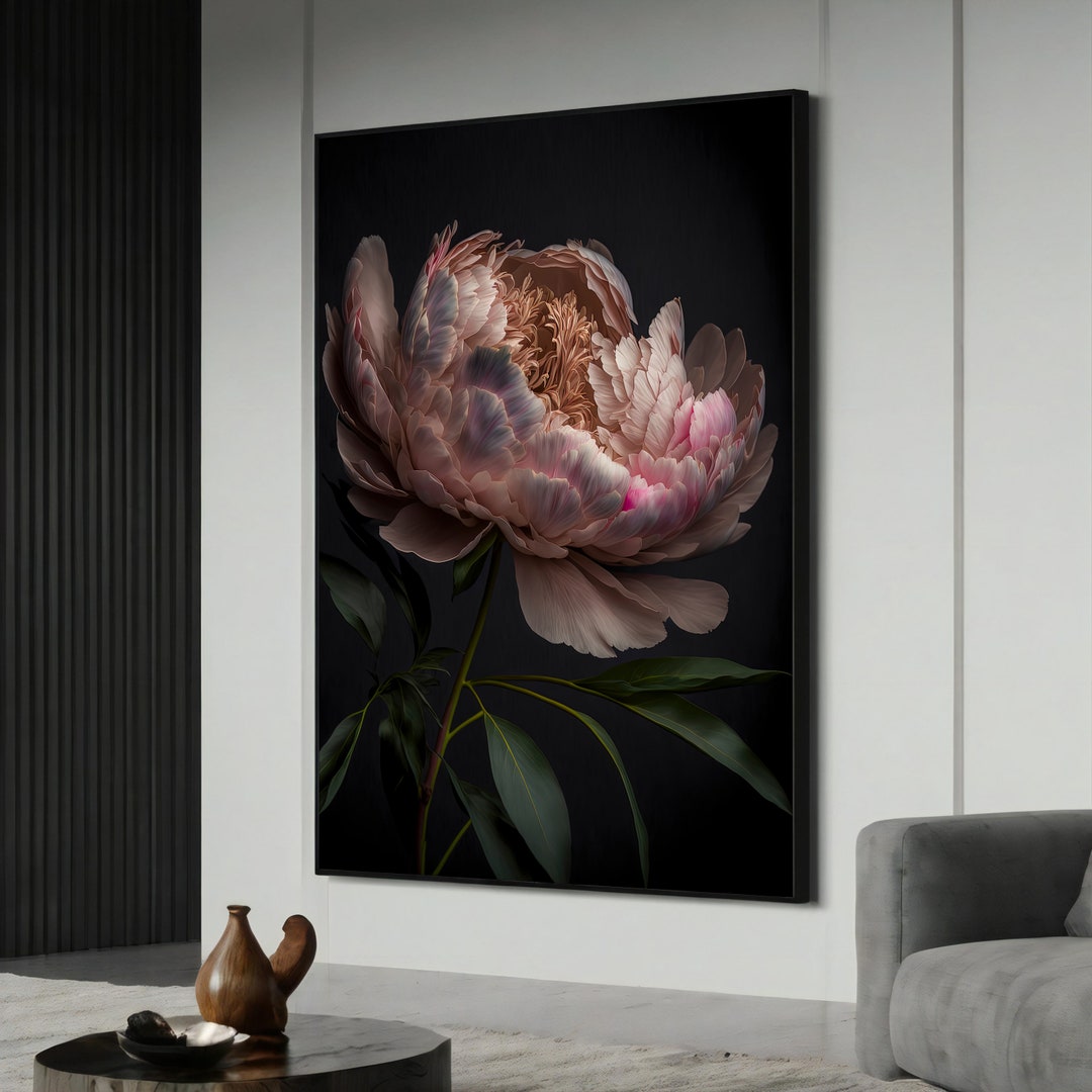 Peony Canvas Painting- Pink Floral Wall Decor, Botanical Portrait on ...