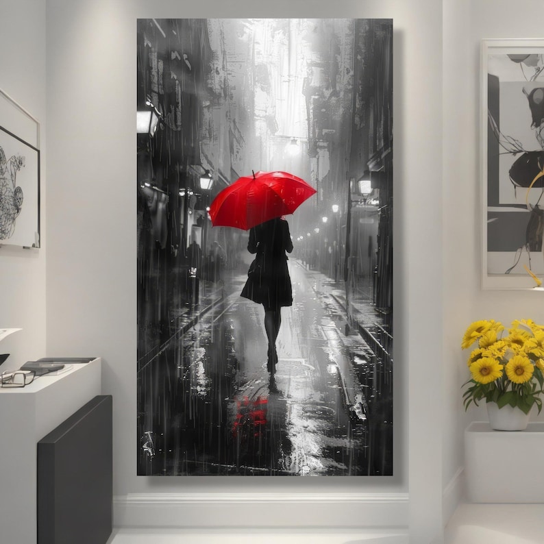 Red Umbrella Woman Walking in Rain, Black and White City Street Canvas ...