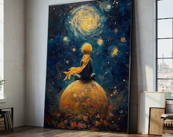 Little Prince Inspired Canvas Painting – Ready to Hang Gift for Nursery or Kids Room – Whimsical Starry Wall Art with Roses