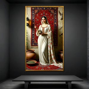 Persian Woman Canvas Painting – Traditional Middle Eastern Art Print, Ready to Hang Gift, Cultural Wall Decor with Oriental Carpet Motif