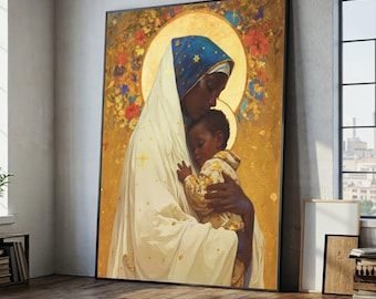 Tela "Mãe e Filho Serenos", Arte de Parede da Madona Negra, Tela Religiosa Espiritual, Pintura de Ícone Moderno, Arte em Tela para Decoração de Casa