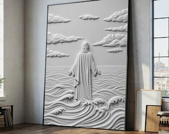 Jesus Walking on Water Canvas Wall Art: White Minimalist Religious Giclée Print