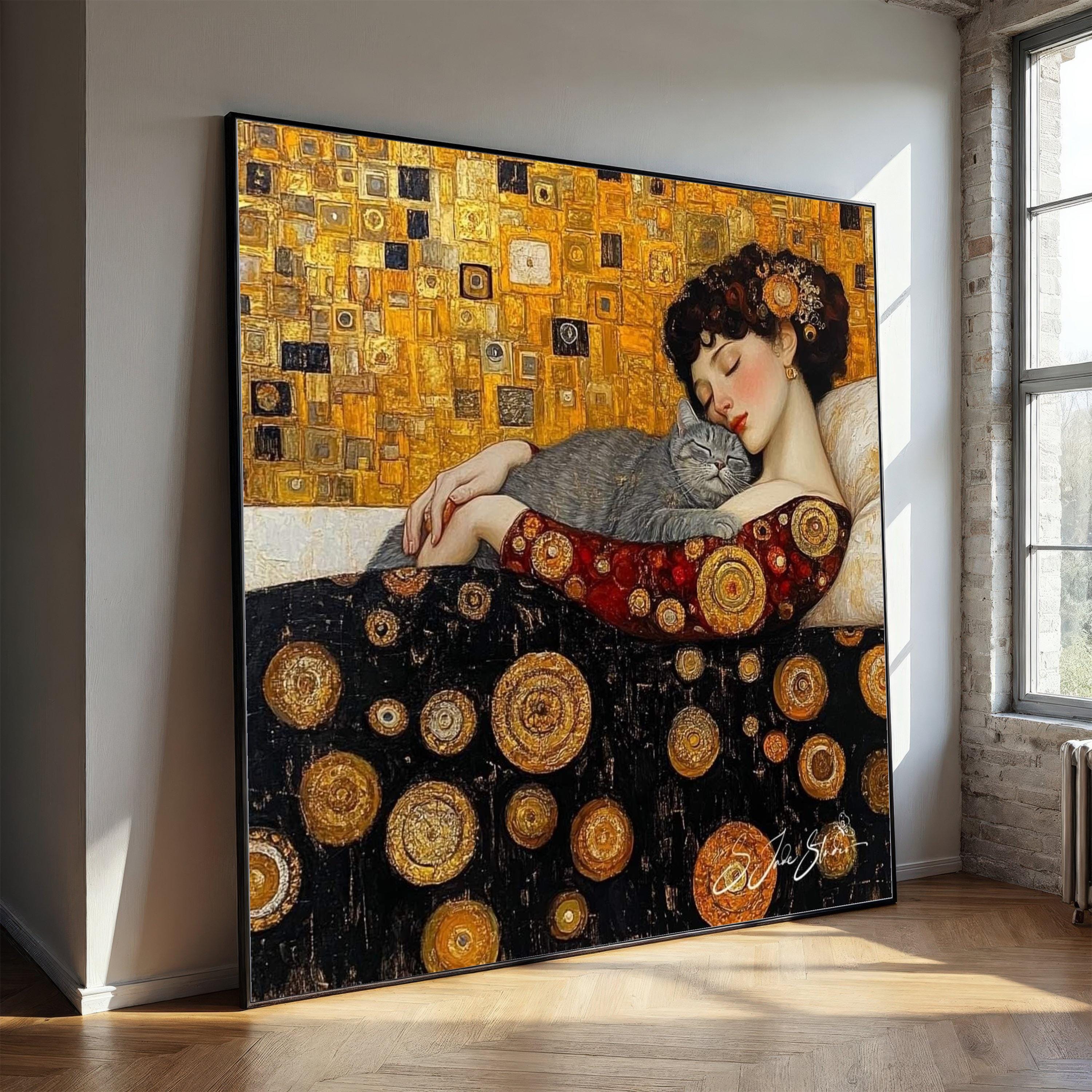 Gustav Klimt Woman With Cat Canvas, Golden Abstract Circles Wall Art ...