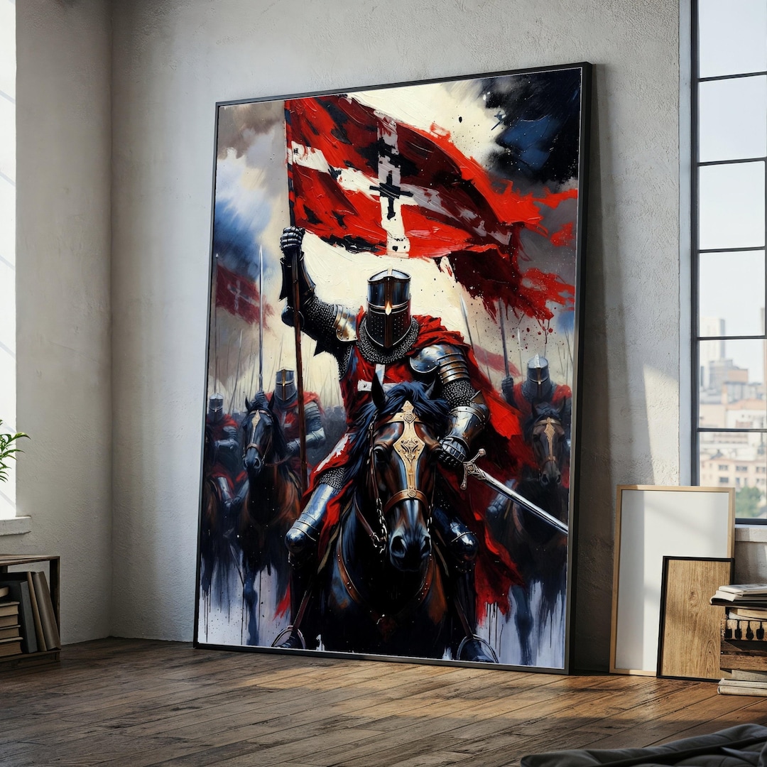 Medieval Knight on Horseback Canvas Wall Art, Templar Warrior Battle ...