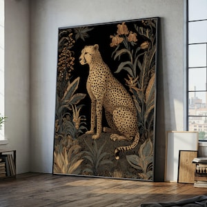 May include: A framed art print of a cheetah in a jungle scene. The cheetah, with its spotted coat, is seated against a black backdrop. The artwork uses gold, brown, and green tones, giving a vintage feel. The print is displayed in a room with natural light, creating a striking visual contrast.