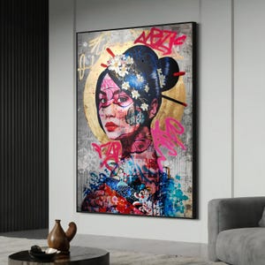Graffiti Asian Woman Portrait – Bold Urban Street Art Canvas Painting and Unique Gift for Contemporary Art Lovers