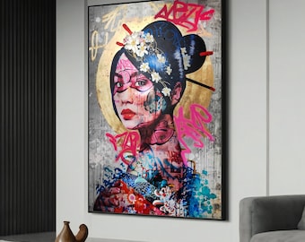 Graffiti Asian Woman Portrait – Bold Urban Street Art Canvas Painting and Unique Gift for Contemporary Art Lovers