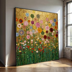 Gustav Klimt Blumengarten Leinwand, Abstrakte Gold Hintergrund Wandkunst, Bunte Spiralblumen Malerei, Moderne Dekorative Leinwand