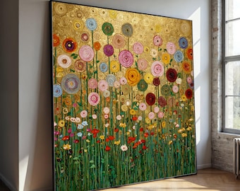 Gustav Klimt Floral Garden Canvas, Abstract Gold Background Wall Art, Colorful Spiral Flowers Painting, Modern Decorative Canvas