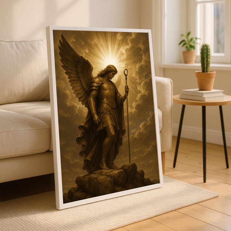 Archangel Michael Canvas Painting With Golden Light and Staff ...