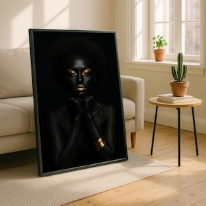 Black Woman Portrait Canvas Print, African Art with Gold Makeup, Modern Afrocentric Wall Decor, Elegant Black and Gold Wall Art