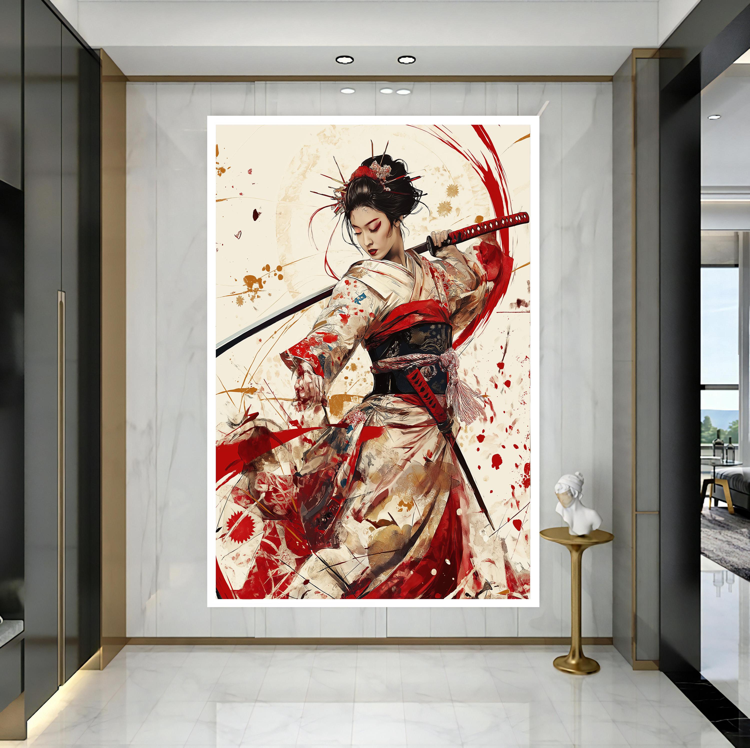 Japanese Samurai Woman Canvas Painting | Geisha Warrior in Kimono Wall ...