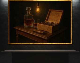 Whiskey and Cigar Canvas Painting – Vintage Bar Wall Art for Men’s Lounge or Office, Ready to Hang, Gift for Whiskey or Cigar Lovers