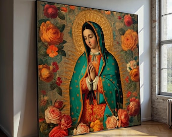 Virgin Mary of Guadalupe Canvas Painting – Floral Religious Wall Art, Ready to Hang, Catholic Gift, Spiritual Mexican Home Decor