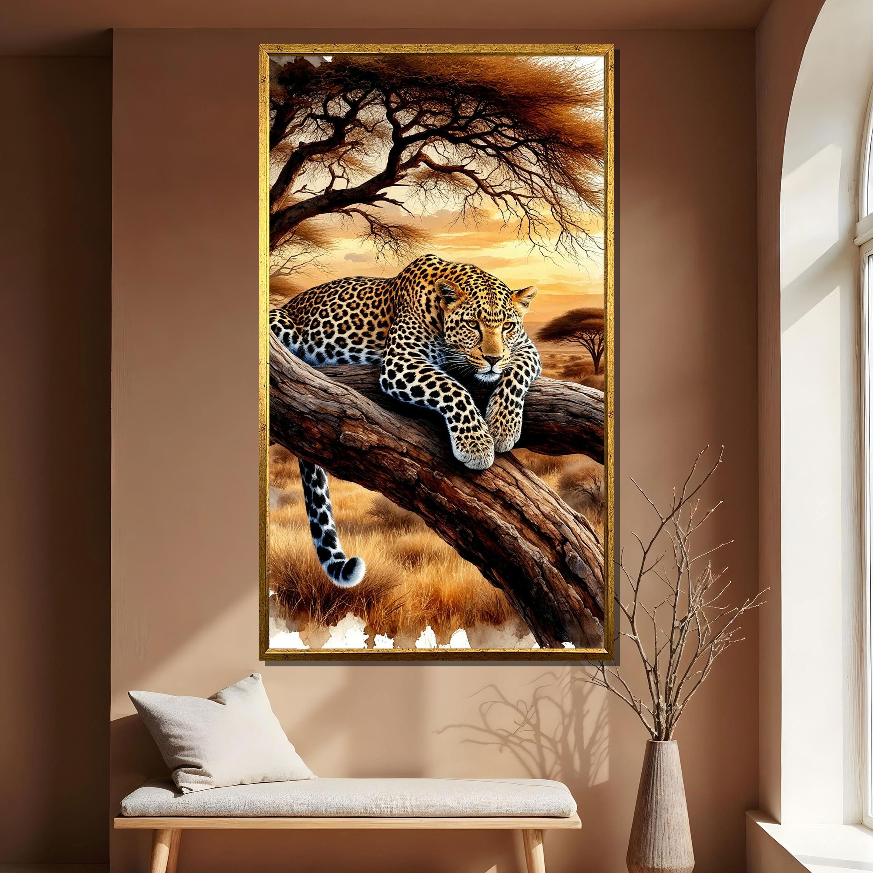 Leopard Canvas Painting – Safari Wildlife Wall Art in Warm Tones