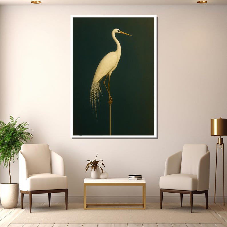 Minimalist White Egret on Deep Green – Elegant Nature Bird Canvas Wall ...