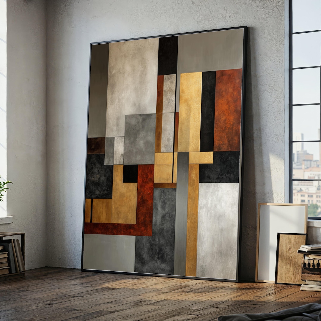 Modern Geometric Abstract Canvas Wall Art, Gold and Rust Accents ...