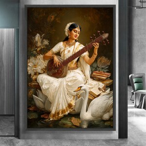 Elegant Indian Woman Playing Veena Canvas, Traditional Music Art, Cultural Wall Decor, Vintage Ethnic Home Decoration, Artistic Portrait image 5