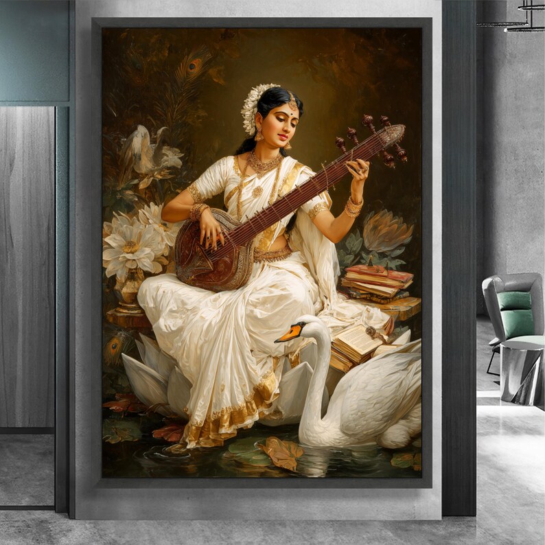 Elegant Indian Woman Playing Veena Canvas, Traditional Music Art, Cultural Wall Decor, Vintage Ethnic Home Decoration, Artistic Portrait image 5