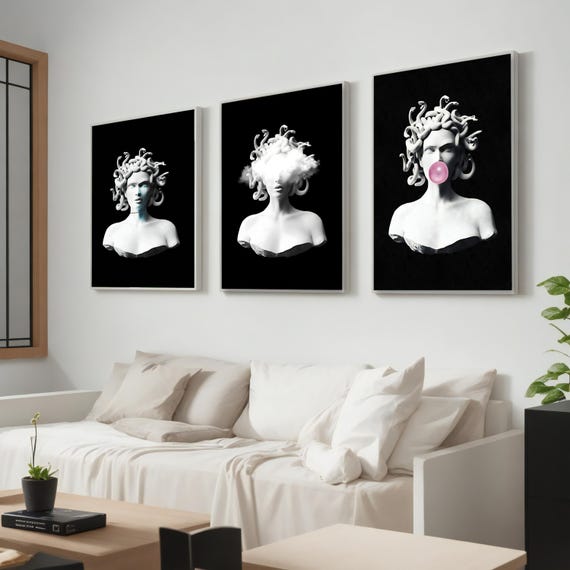 Modern Medusa Canvas Painting Set of 3 – Bold Black & White Pop Art Wall Decor with Bubblegum and Smoke –Ready to Hang Gift for Trendy Homes