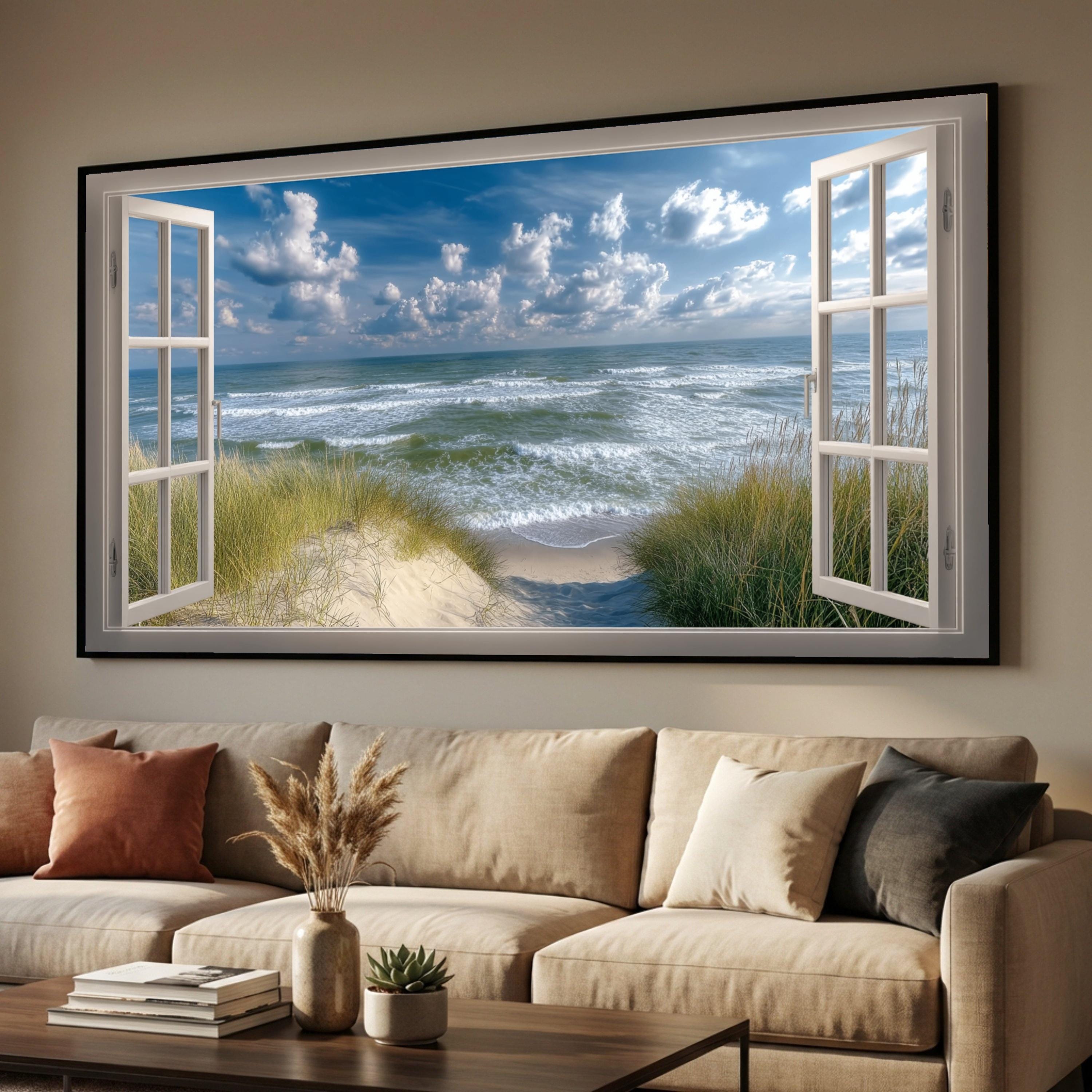 Ocean View Through Open Window Canvas, Coastal Beach Scene Wall Art ...